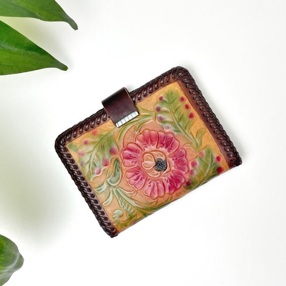 Handmade Handbags - Hand Tooled Leather Floral Wallet Organizer Brown Western Boho Rose